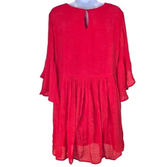 Umgee Boho Red Floral Embroidered Bell Sleeve Flouncy Babydoll Mini Dress XL - Picture 4 of 7